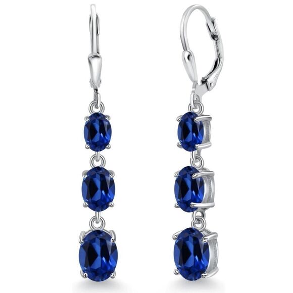 925 Sterling Silver with 6.40 Cttw 3 Stone Royal Blue Sapphire Drop Earrings - Picture 1 of 5